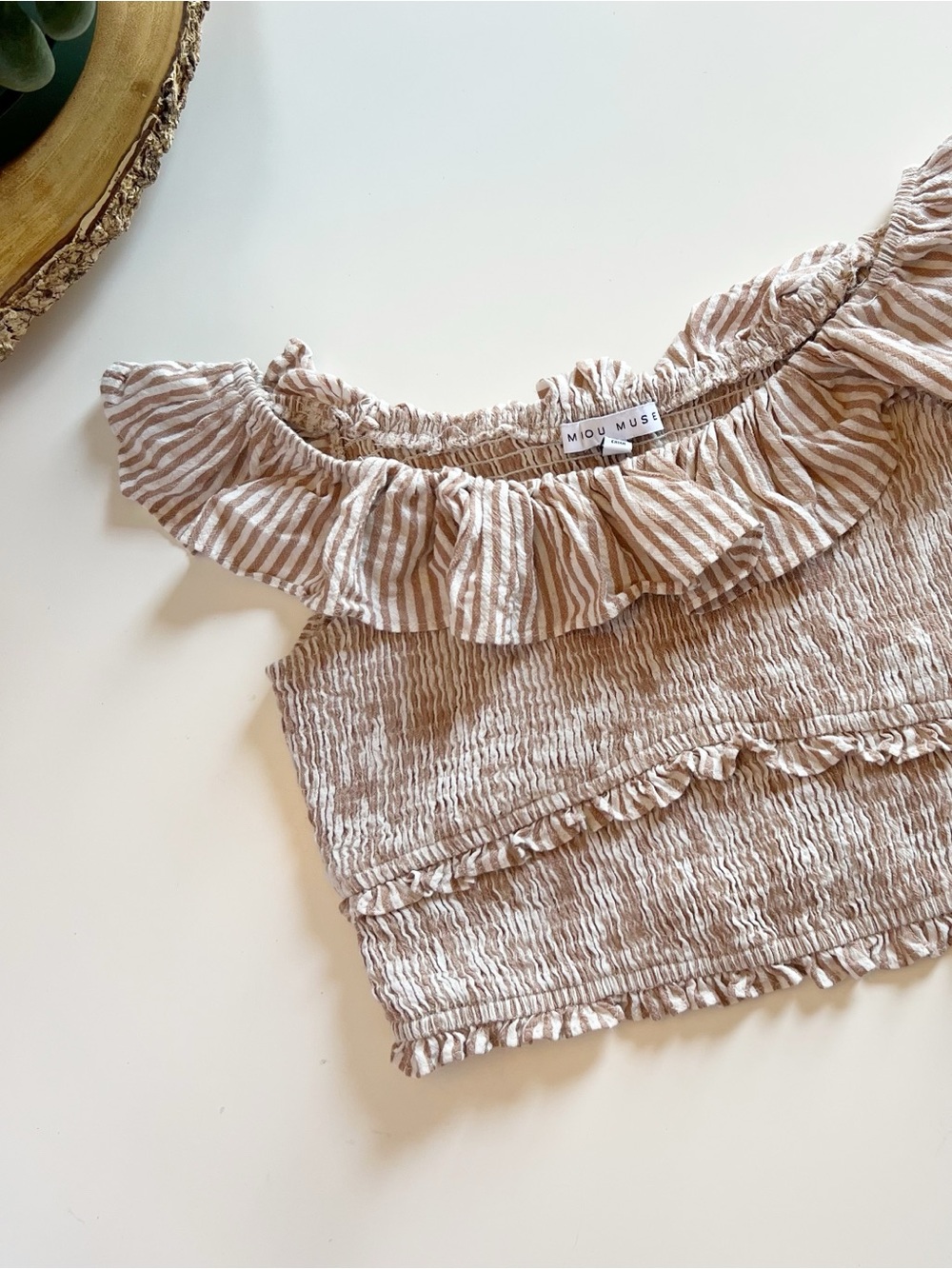 Miou Muse Tan Cropped Smocked Off The Shoulder Top | Small